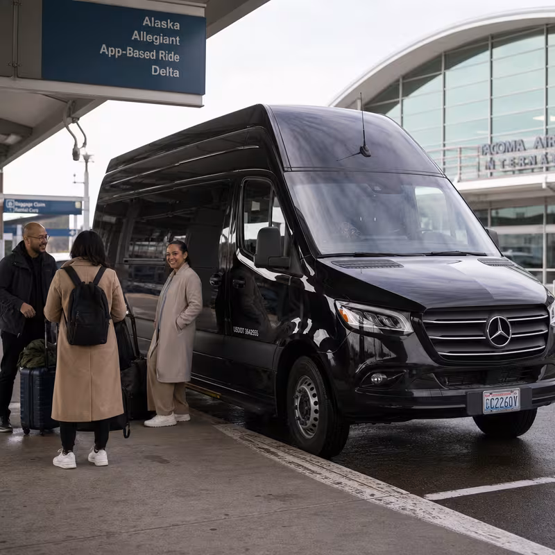 Group boarding a white charter bus for Airport Transportation transportation in Tacoma