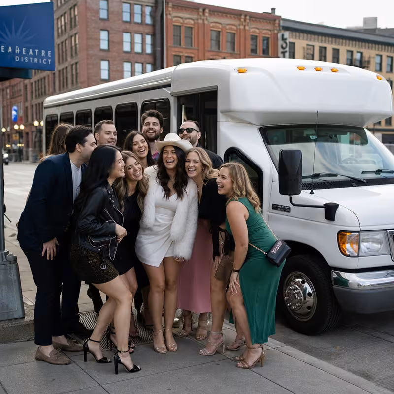 Black Mercedes Sprinter van staged for an Tacoma Bachelor & Bachelorette Transportation group
